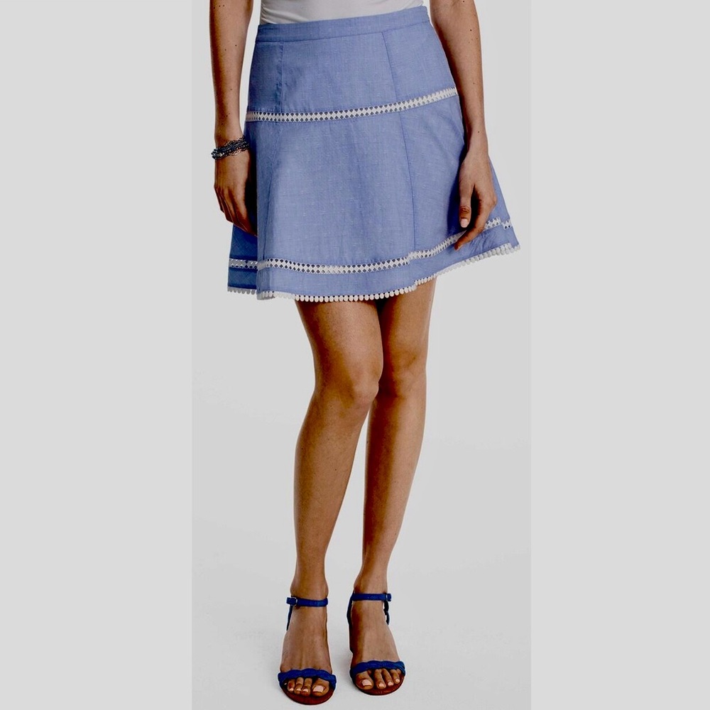 White House Black Market Blue A-Line Cotton Skirt with White Trim Size 8